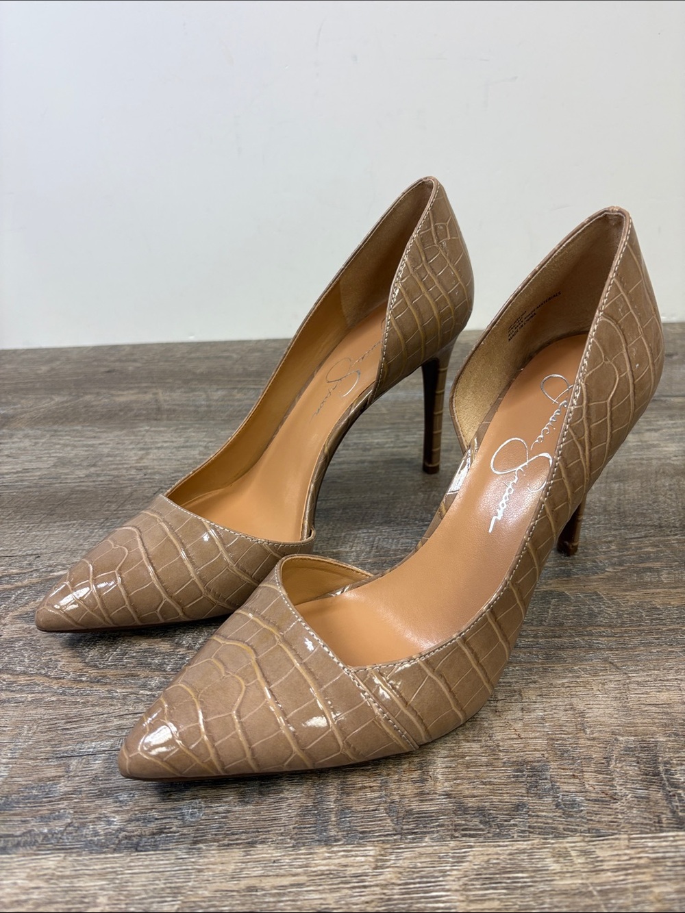 Jessica Simpson Helisa Croc Embossed D’Orsay Pumps Nude Taupe Size 9M